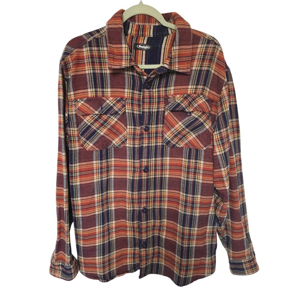 Buffalo Jeans Mens XL Plaid Flannel Shirt Rust Navy 100% Cotton Button Up